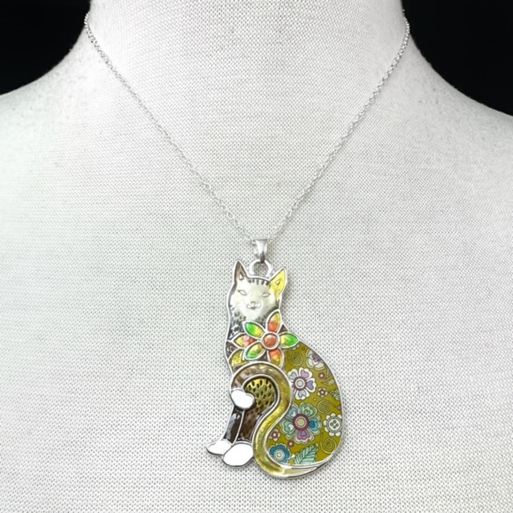 Multicolor Flower Power Kitty Cat Large Enamel Pendant Necklace